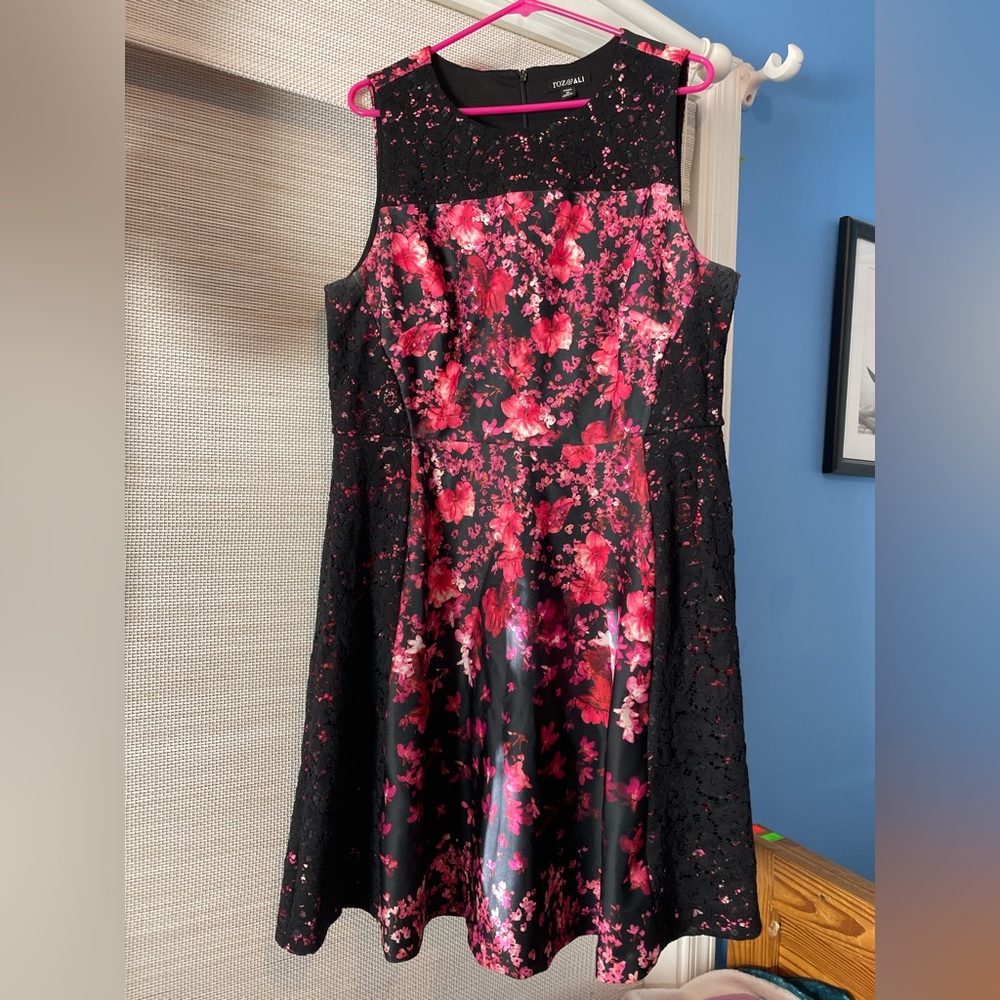 Roz & Ali Womens Plus Size Floral Fit Flare Dress 16 Lace Pink Black Stretch